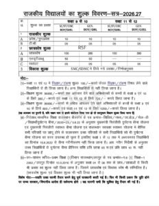 Rajasthan Government School Fees List 2026-27 राजकीय विद्यालय शुल्क तालिका