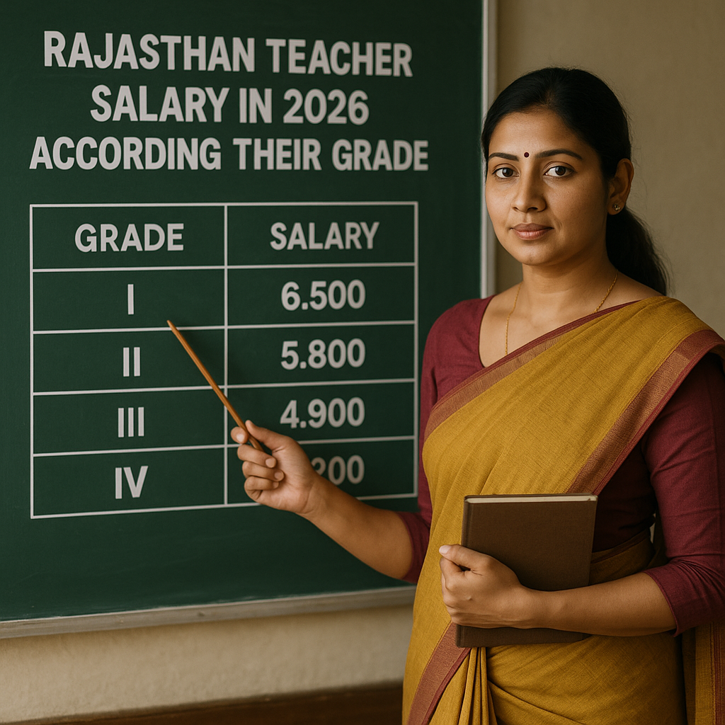 Rajasthan Teacher salary 2026 grade wise chart with teacher in classroom