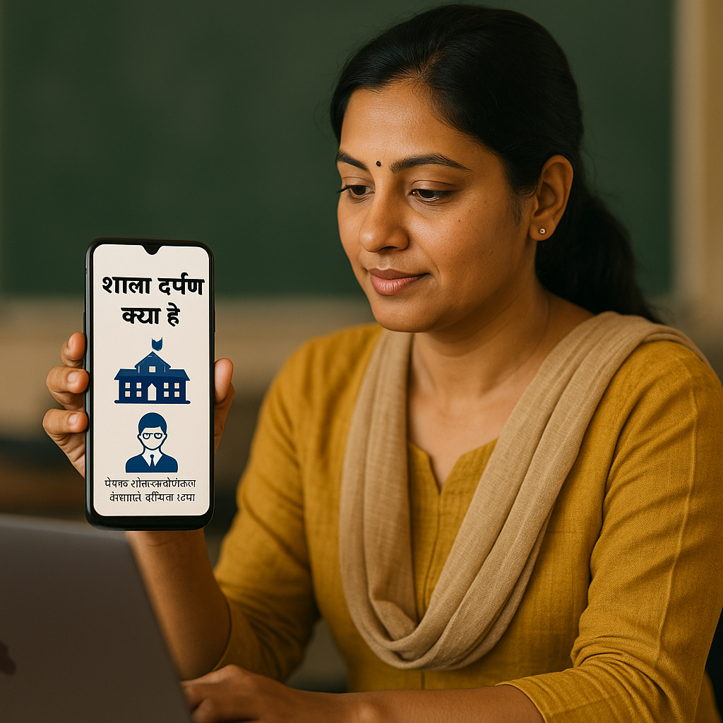 Shala Darpan Kya Hai - स्कूल और शिक्षक जानकारी दिखाता मोबाइल/लैपटॉप स्क्रीन