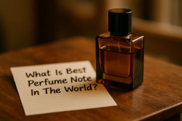 Best Perfume Note In The World समझाता हुआ परफ्यूम बोतल और नोट्स का क्लोज-अप