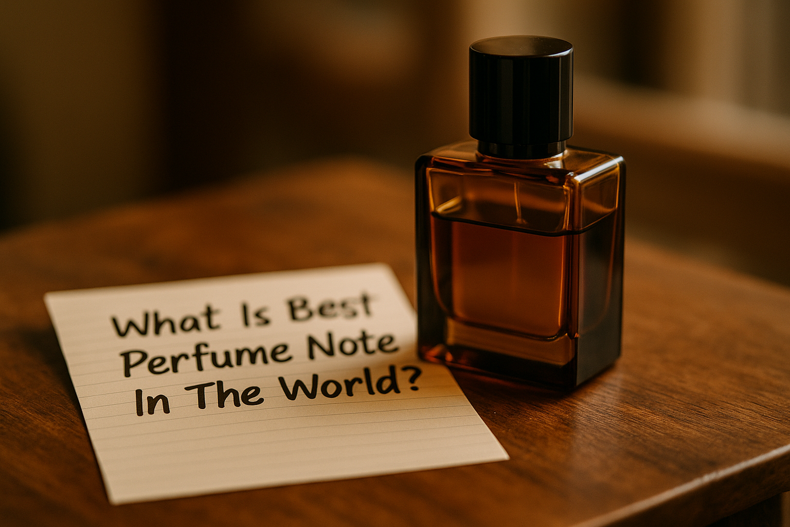 Best Perfume Note In The World समझाता हुआ परफ्यूम बोतल और नोट्स का क्लोज-अप