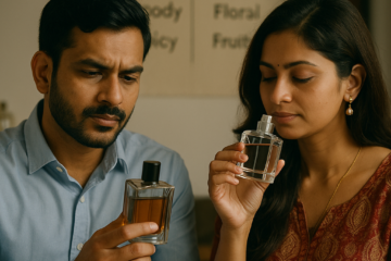 Men Perfume And Women Perfume की bottles और scent notes का comparison