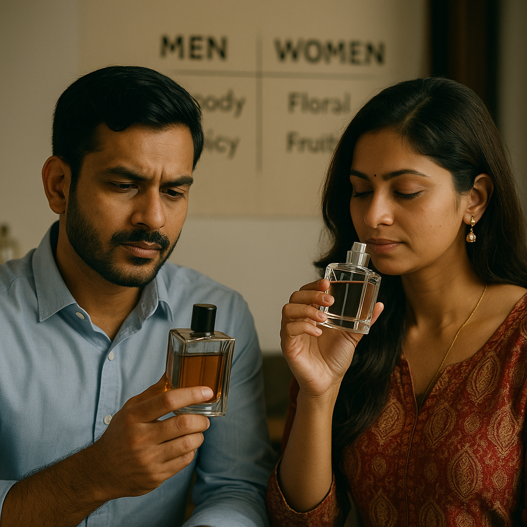 Men Perfume And Women Perfume की bottles और scent notes का comparison